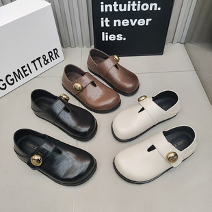 TTRR正品皮面豆豆鞋圆头一字扣魔术贴低帮平底女鞋2026春新韩版款