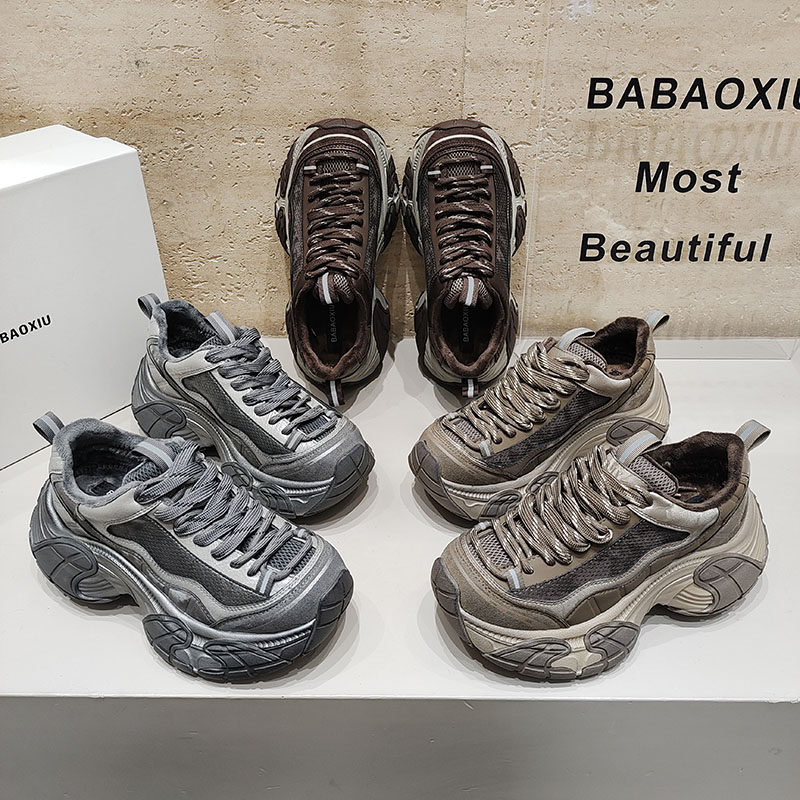 BABAOXIU巴宝秀擦色加绒老爹鞋松糕底拼接韩版绑带休闲女鞋2026冬