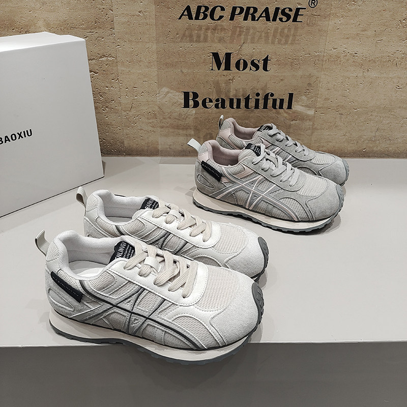 巴宝秀2026春款阿甘运动休闲鞋圆头四季网透气低帮韩版绑带慢跑款
