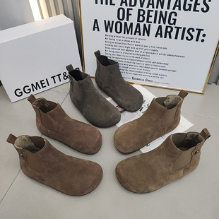 TTRR正品 2025秋冬保暖简约 磨砂皮加绒女短靴复古高帮勃肯厚底女鞋