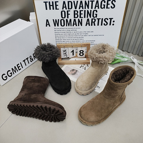 TTRR磨砂皮长毛绒女短靴复古超轻