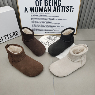 磨砂皮套脚复古休闲鞋 TTRR正品 真皮雪地靴厚绒保暖女短靴2025冬季