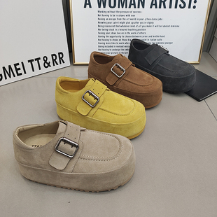 TTRR正品面包鞋松糕底磨砂皮一字带扣韩版休闲女鞋2026春魔术贴款