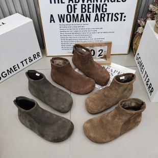TTRR正品 2025秋冬保暖拼接靴 磨砂皮复古女短靴简约后拉链加绒女鞋
