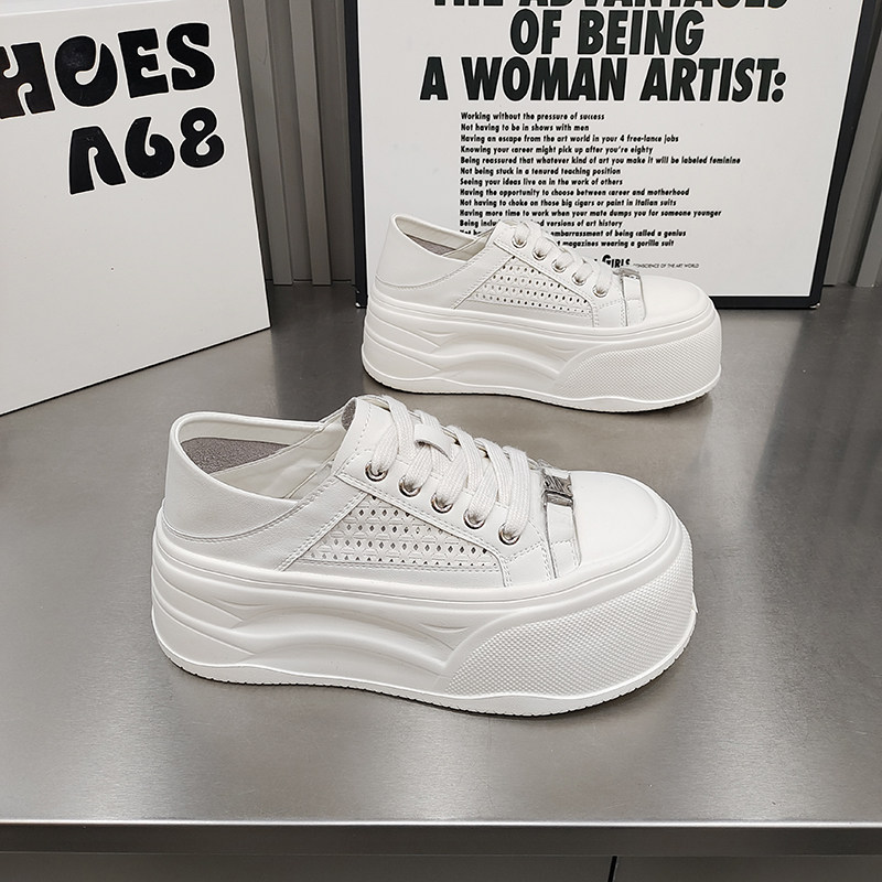 欧货超轻松糕底小白鞋圆头镂空透气两穿绑带韩版增高2026春夏百搭