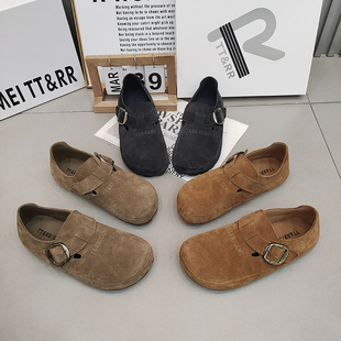 TTRR正品勃肯鞋平底一字带扣磨砂皮字母复古休闲鞋2026春款百搭鞋