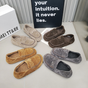 2025秋冬百搭时尚 平底拼接复古豆豆女鞋 磨砂皮加绒勃肯鞋 TTRR正品