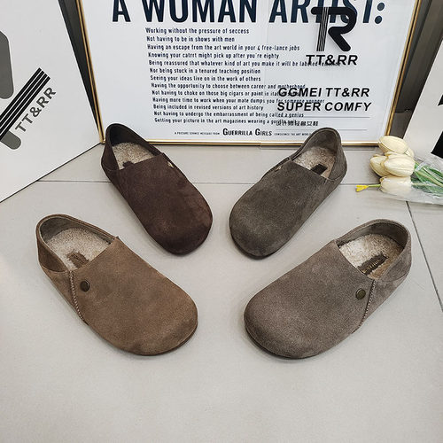 TTRR正品羊毛鞋垫平底圆头复古博肯鞋拼接磨砂皮百搭休闲女鞋2026