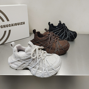 2026春款 女鞋 低帮百搭 松糕底蜘蛛侠绑带韩版 欧货满天星水钻老爹鞋