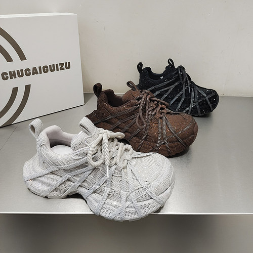 满天星水钻老爹鞋绑带拼接女潮鞋