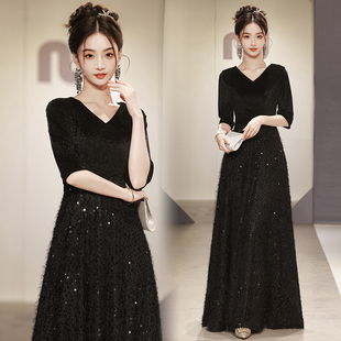 大合唱团演出服女黑色主持指挥舞台比赛宴会表演成人晚礼服装长裙