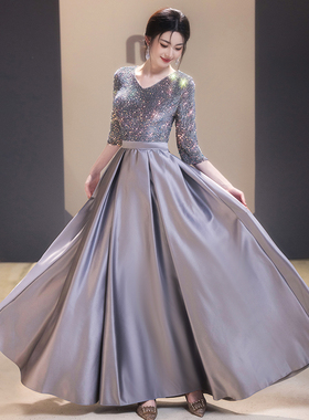大合唱团演出服女长裙钢琴演奏指挥服装灰色亮片主持人超闪晚礼服