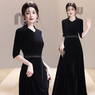 黑色高端指挥年会晚礼服立领大合唱团演出女长裙主持人钢琴演奏服