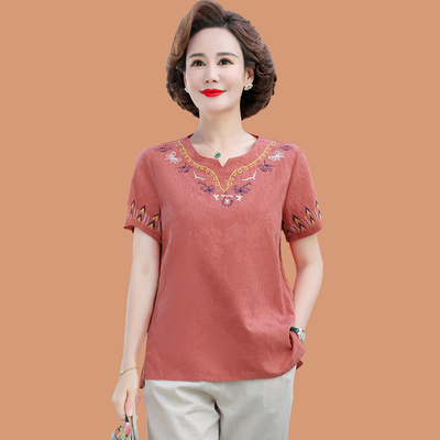 中年妈妈夏装棉麻套装洋派母亲节衣服中老年女夏季短袖T恤两件套
