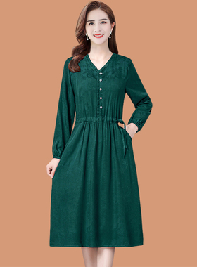 妈妈v领长袖墨绿色连衣裙收腰显瘦中老年女装春季新款中长款裙子