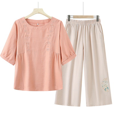 妈妈夏装洋气套装棉麻2025新款