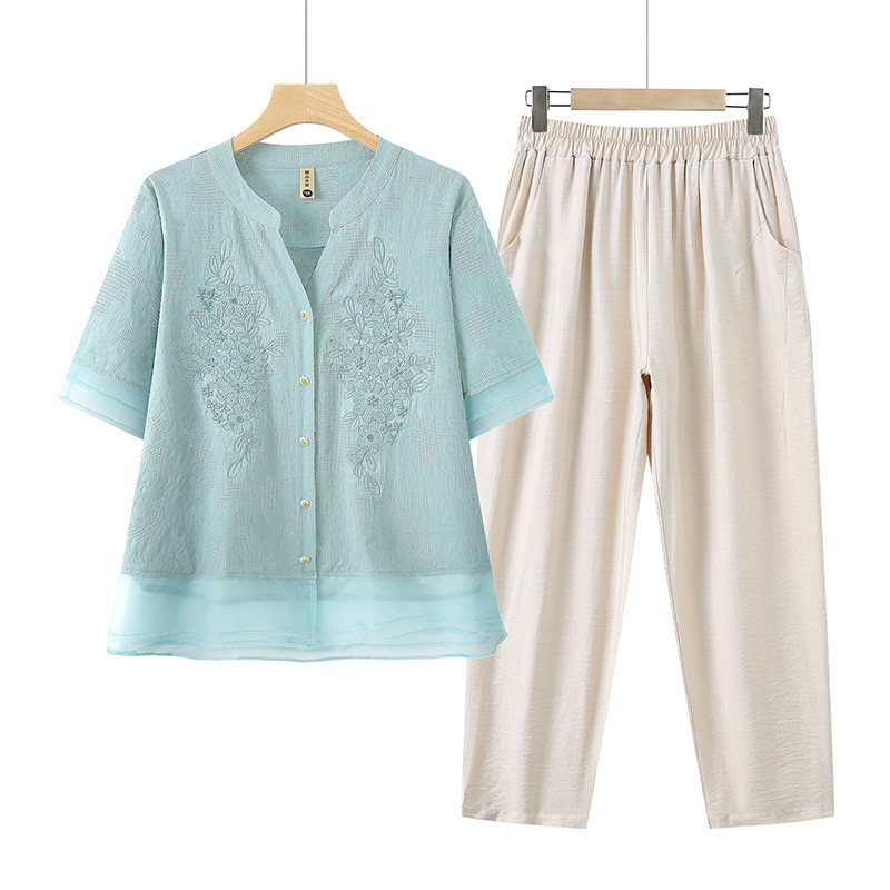 妈妈夏装纯棉麻短袖衬衫T恤套装中老年女夏季薄款两件套宽松上衣