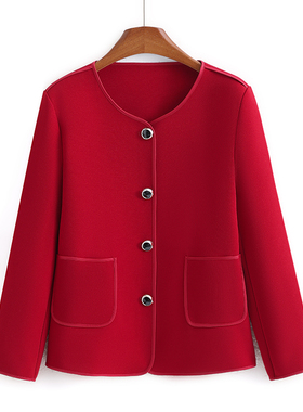 小个子妈妈春秋红色外套短款洋气40岁50中老年圆领女装上衣小西装