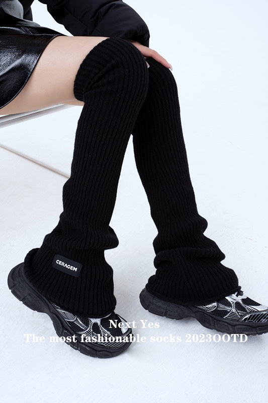 秋冬新款纯色字母布标过膝袜腿套