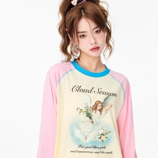 上衣宋轶柳岩同款 T恤女宽松圆领棉打底衫 CLOUDSEASON印花拼色长袖