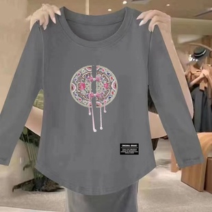 中老年长袖 打底衫 t恤女中长款 女装 遮屁股洋气减龄上衣大码 妈妈装