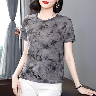 清仓捡漏中老年水墨印花短袖T恤女夏季洋气显瘦减龄上衣妈妈装
