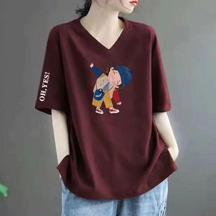 体恤上衣潮牌 宽松印花内搭半袖 清仓捡漏外贸妈妈V领短袖 t恤女大码