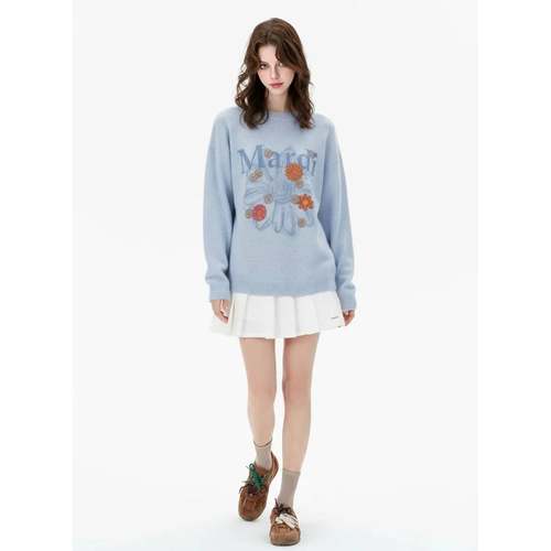 Mardi韩系轻奢雏菊花朵晕染印花毛衣25秋冬新款圆领时尚针织上衣