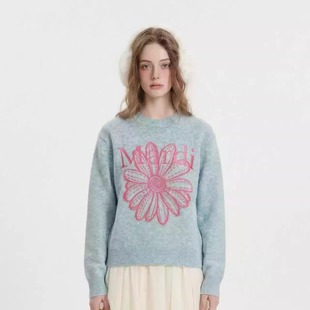 Mardi韩系25秋冬新款圆领套头毛衣纯色提花雏菊休闲宽松针织上衣