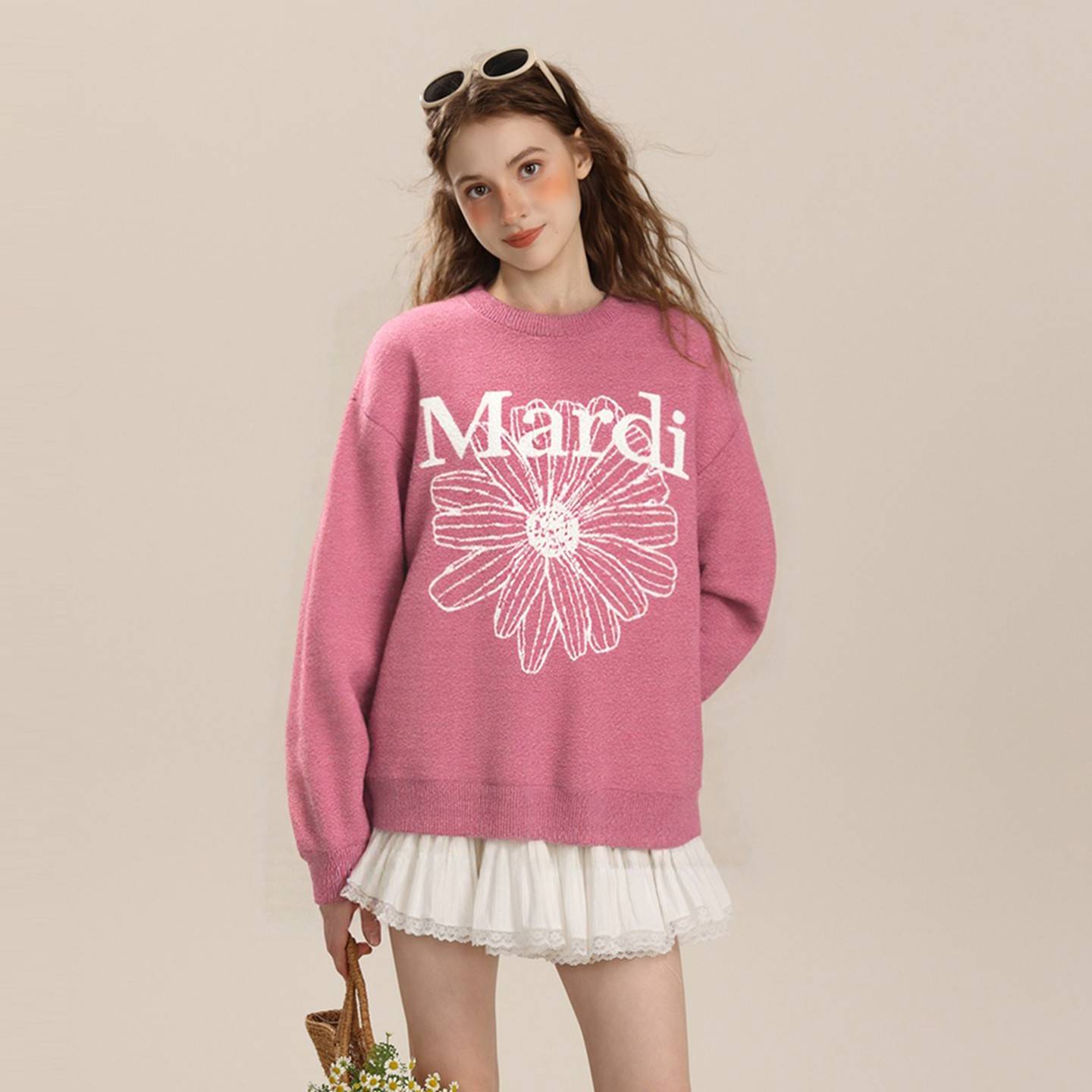 Mardi韩版2025秋新冬季款圆领休闲设计感衣轻奢雏菊打底衫红毛衣