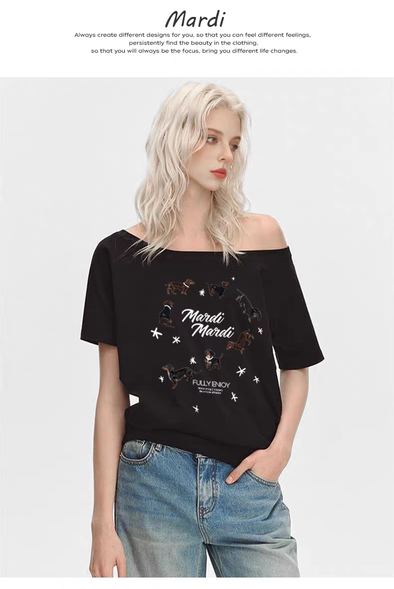 Mardi美式复古卡通印花时尚小众设计感短袖25夏季新款斜肩休闲T恤