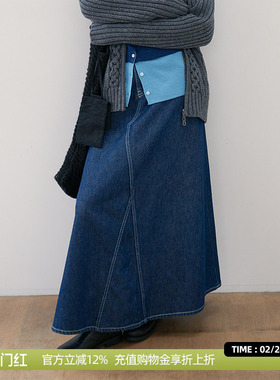 DOSORDONTS2025年秋冬新款高腰深蓝色明线装饰A型百搭牛仔半身裙