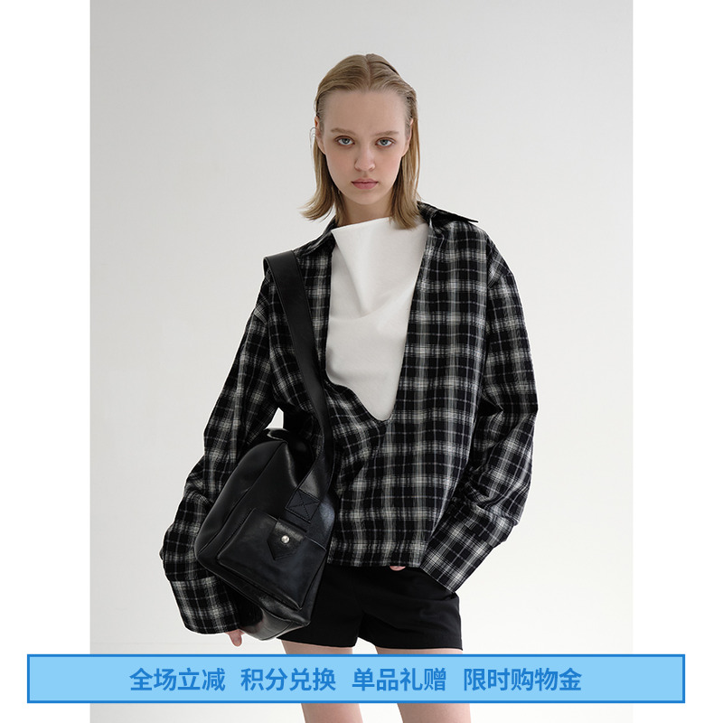 黑白格纹飘带V领薄款多造型衬衣