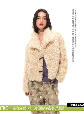 DOSORDONTS 2025秋冬新款 米白色翻领牛角扣卷毛短款环保皮草外套