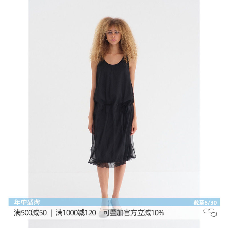 DOSORDONTS 2026夏季新款黑色双层网纱薄雾复古简约圆领连衣裙女