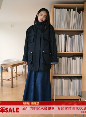 DOSORDONTS2025年秋冬新款简约复古黑色隐藏连帽多口袋棉服外套女