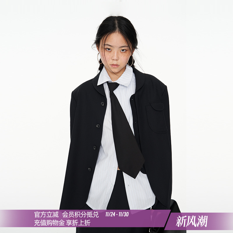 DOSORDONTS 小青果领夹层扣黑蓝条纹羊毛西服西装外套2024秋冬女