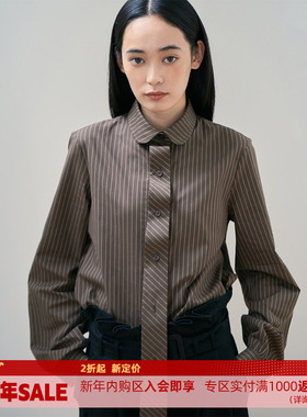 DOSORDONTS2025年秋冬新款简约复古咖色条纹褶皱领带通勤修身衬衫