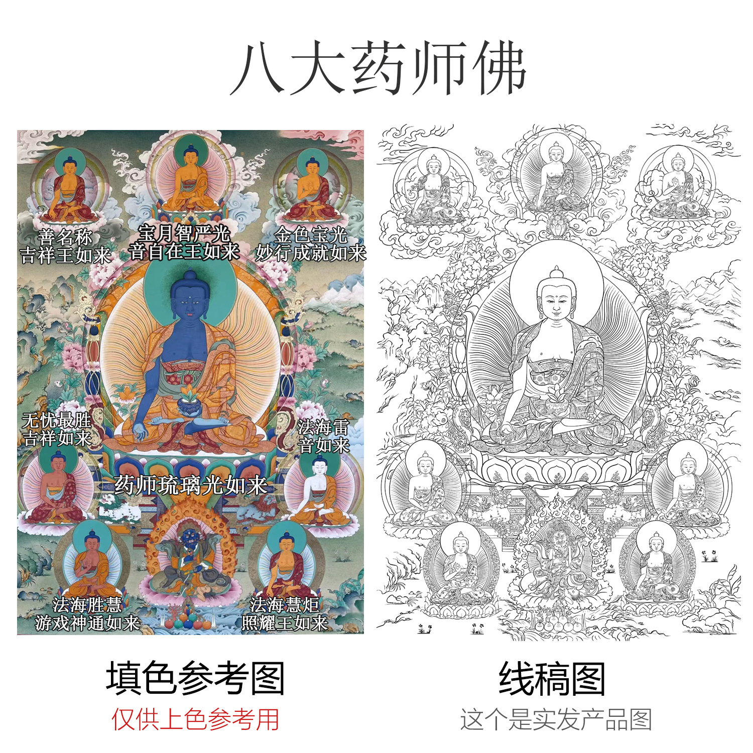 药师佛八大药师唐卡描金临摹线稿