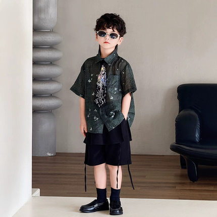 男童衬衫套装夏季新款儿童休闲痞帅墨绿色短袖衬衣洋气走秀演出服