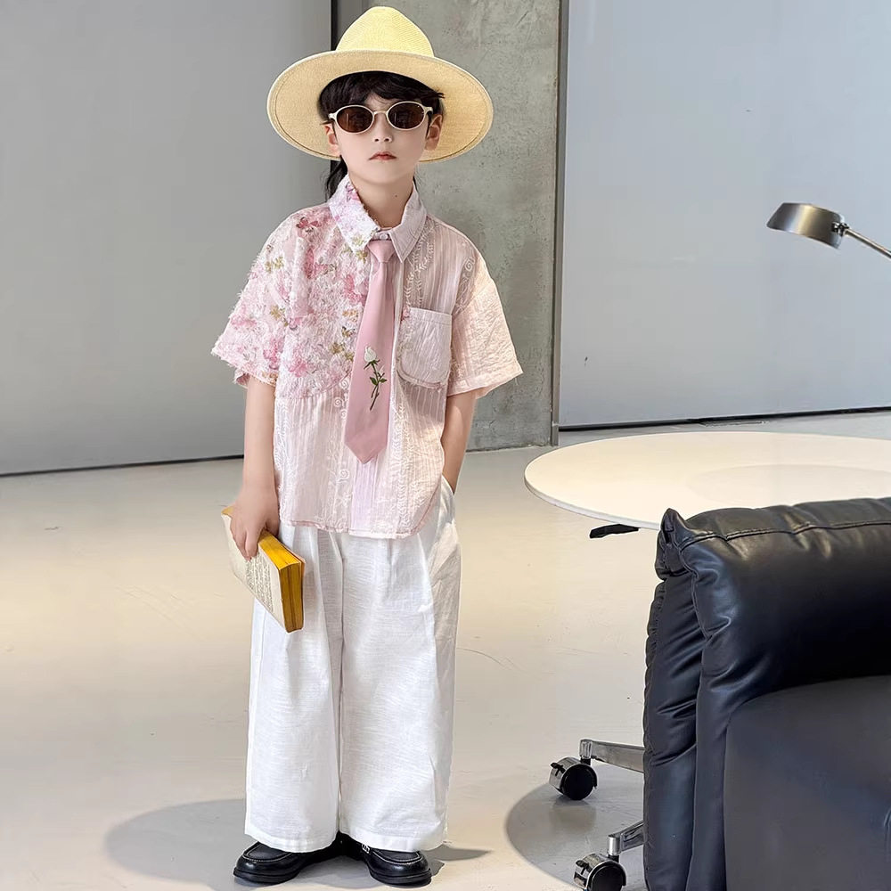 男童衬衫夏季新款儿童痞帅粉色休闲短袖衬衣套装洋气韩版薄款上衣