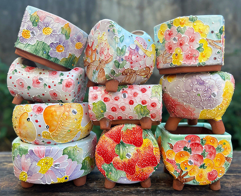 景德镇濑户烧手绘花卉清新红陶吸水透气多肉群生带脚花盆扇形鼓盆,鲜花速递/花卉仿真/绿植园艺,花盆,淘宝优惠券,粉丝福利购,淘宝优惠卷