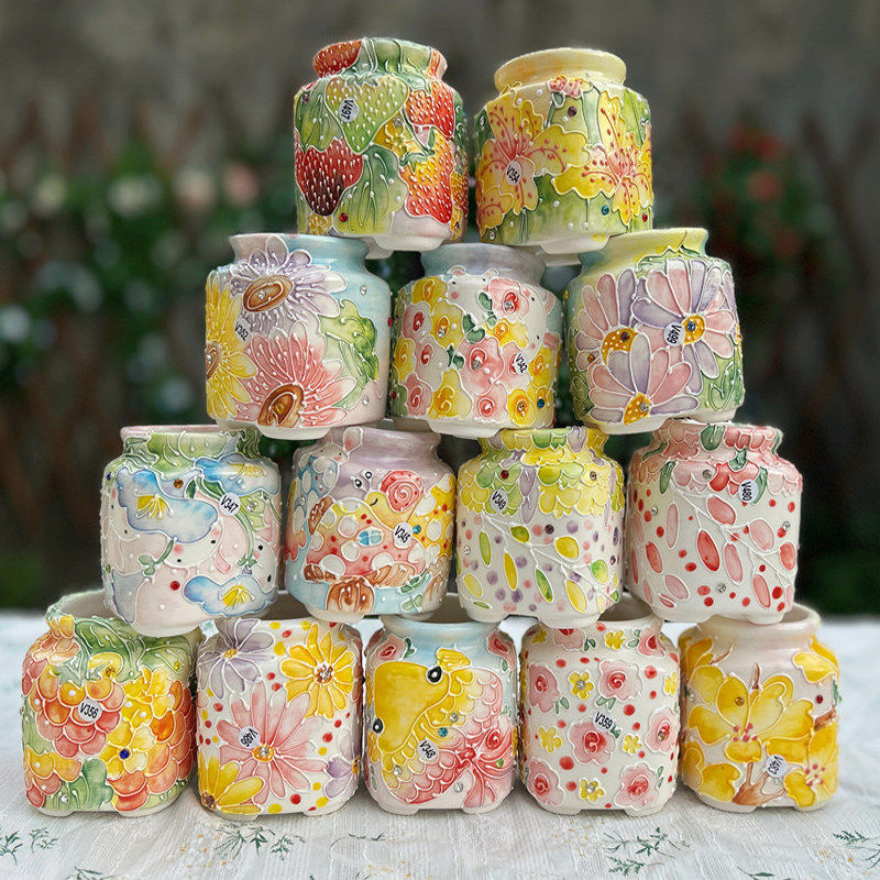 萌豆韩式手绘濑户烧控养多肉白红陶透气吸水镶钻拇指盆方口5/7/8,鲜花速递/花卉仿真/绿植园艺,花盆,淘宝优惠券,粉丝福利购,淘宝优惠卷