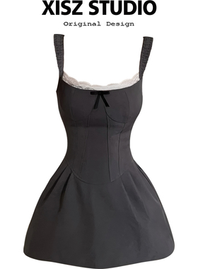 大码胖妹妹法式蕾丝拼接吊带连衣裙女夏季新款收腰显瘦a字短裙子