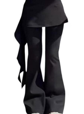 大码胖妹妹小众设计感高弹显瘦直筒微喇裙裤可拆卸屁帘两件套女秋