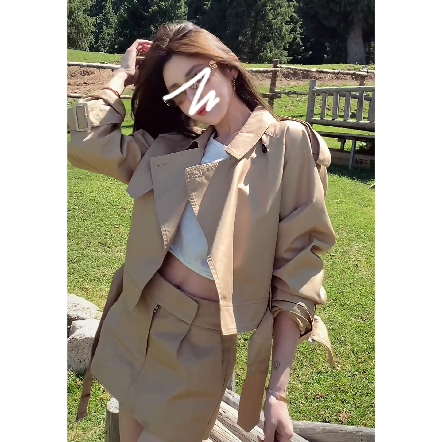 大码胖MM韩系卡其色翻领风衣外套女秋季新款知性御姐短裙两件套装