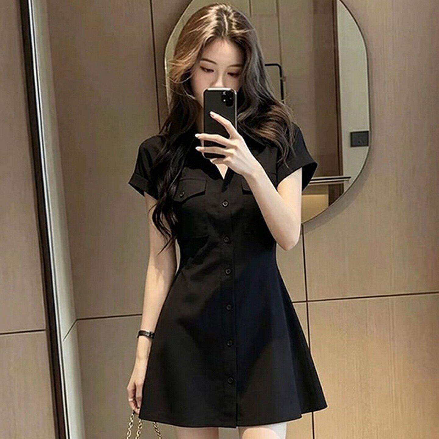 大码胖MM法式黑色翻领短袖衬衫连衣裙女夏季新款收腰显瘦A字短裙