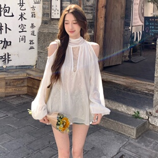 新款 大码 休闲百搭绝美上衣 女夏季 衬衫 胖MM法式 温柔风挂脖镂空长袖