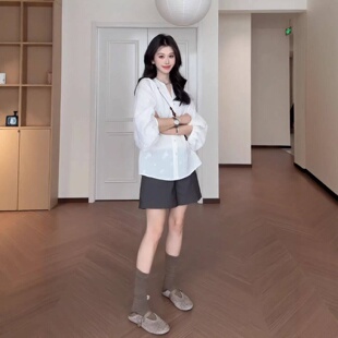 慵懒风宽松叠穿马甲背心时尚 大码 胖MM纯色简约显瘦灯笼袖 衬衫 套装