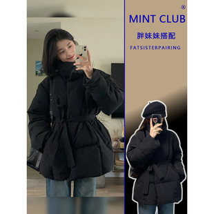 春秋新款立领系带收腰棉服外套女胖mm加厚保暖显瘦百搭大码面包服